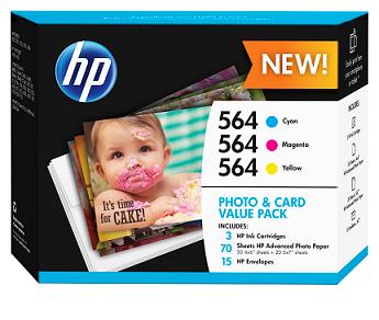 HP 564 Cyan, Magenta & Yellow Ink Cartridges with Photo Paper and Cards, 3 pack (J2X80AN)