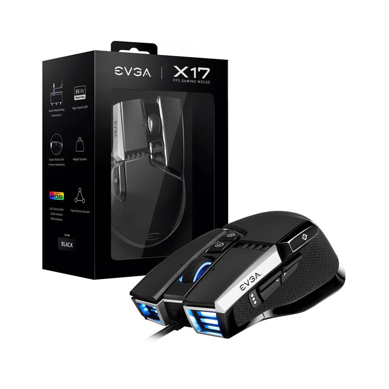 Souris de jeu EVGA X17, filaire, noire, personnalisable, 16 000 DPI, 5 profils, 10 boutons, ergonomique 903-W1-17BK-KR