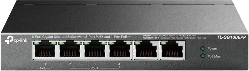 TP-Link (TL-SG1006PP) 6 Port Gigabit Desktop Switch with 3-Port PoE+ and 1-Port PoE++ Port, Plug and Play, PoE Auto Recovery, S