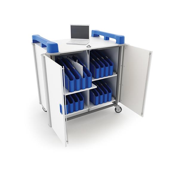 LapCabby Mini 32V Charging Cart for 32 Laptops, Tablets and Chromebooks with Sliding Shelves, Power7 Management System and Simu