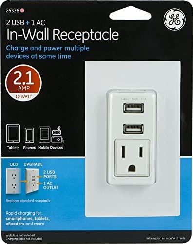 GE Dual USB 2.1 Amp 10W Charging In-Wall Receptacle Single Power Outlet - Rapid Charging White (25336)