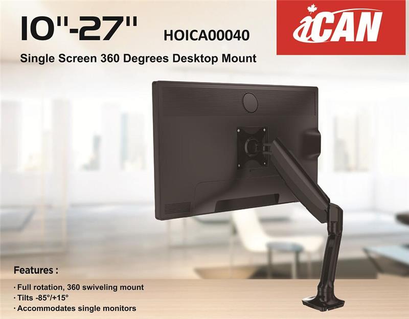 iCAN 10"-27" Single Screen Desktop Mount | 360 Degree Swivel | Black