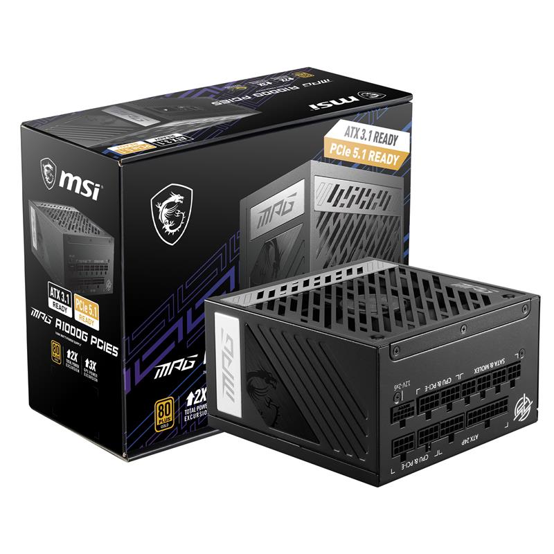 MSI MPG A1000G PCIE5, 80+ GOLD Full Modular Gaming PSU, 12V-2x6 Cable, ATX 3.1 & PCIE 5.1 Ready, 1000W Power Supply, 10 Year Wa