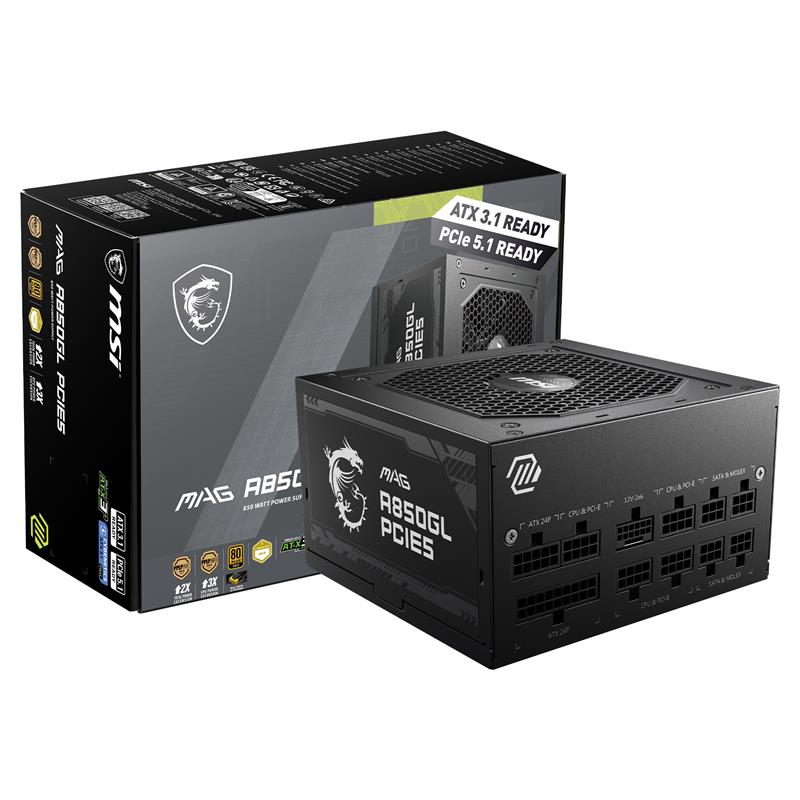 MSI MAG A850GL PCIE5, 80+ GOLD Fully Modular Gaming PSU, 12V