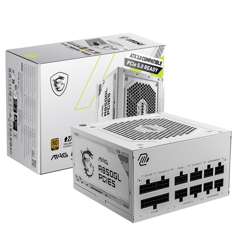 MSI MAG A850GL PCIE 5 White, 850W 80 PLUS Gold Certified Gaming ATX 3.0 Power Supply, Fully-Modular, White Cables, 10 Year Warr