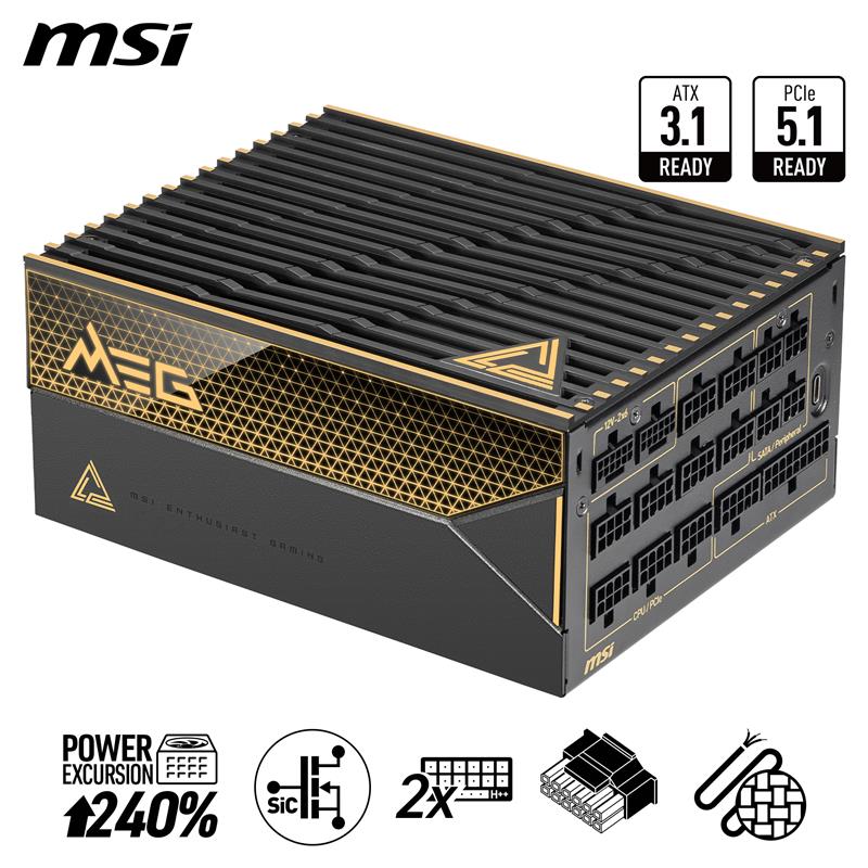 Alimentation modulaire complète MSI MEG Ai1600T PCIE5, 80+ TITANIUM 1600 W, câble 12 V-2 x 6, compatible ATX 3.1 et PCIE 5.1