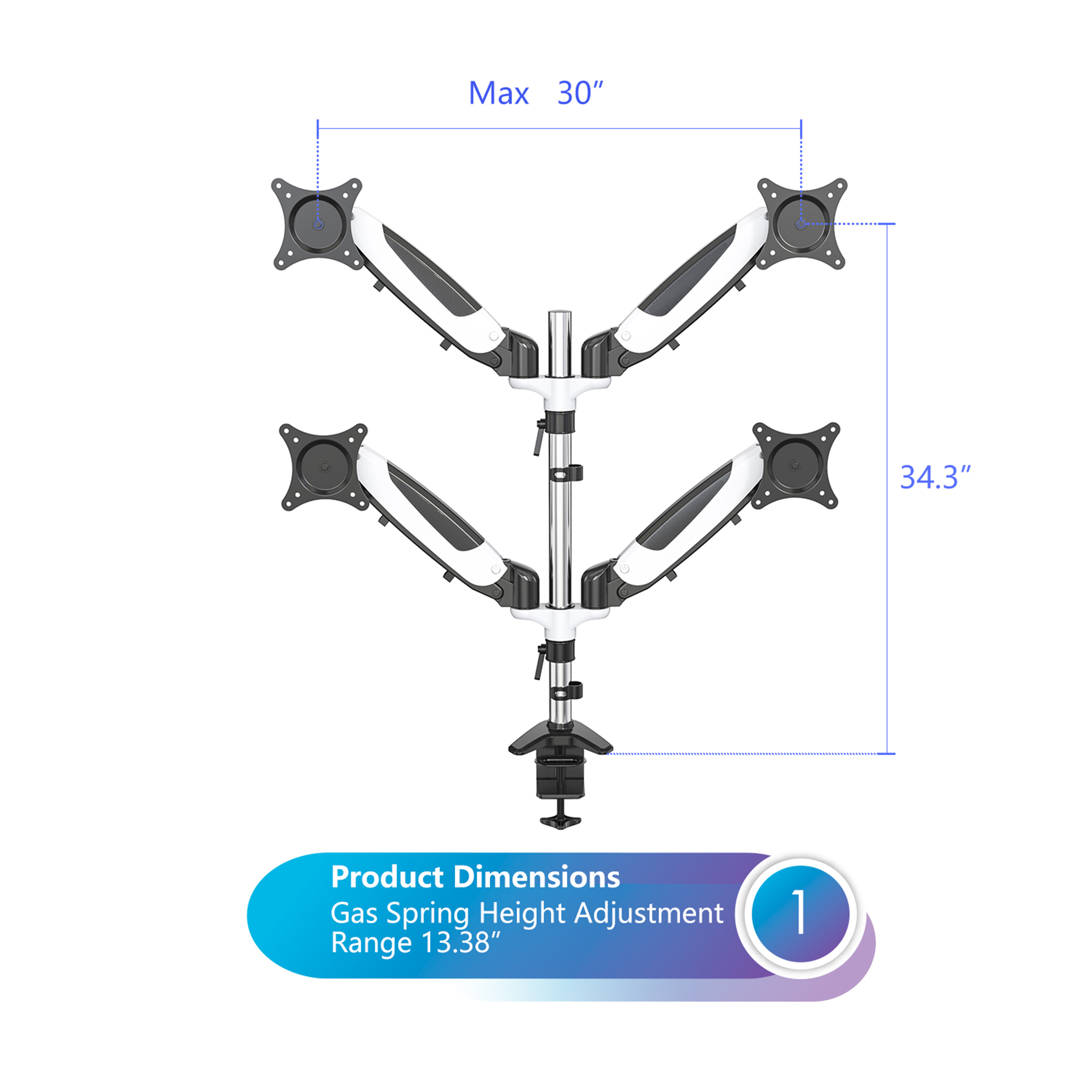 iCAN Quad Monitor Mount with Clamp | Fit Four 17"-32" Screens | Gas Spring | Full Motion Articulating | Aluminum | Black & Whit