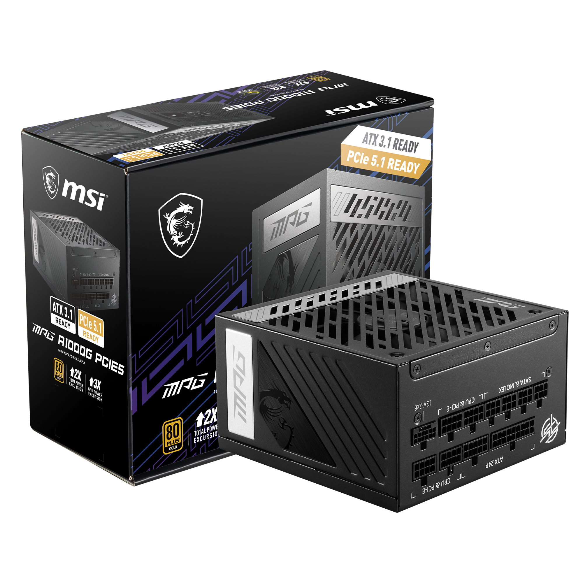 MSI MPG A1000G PCIE5, 80+ GOLD Full Modular Gaming PSU, 12V-2x6 Cable, ATX 3.1 & PCIE 5.1 Ready, 1000W Power Supply, 10 Year Wa