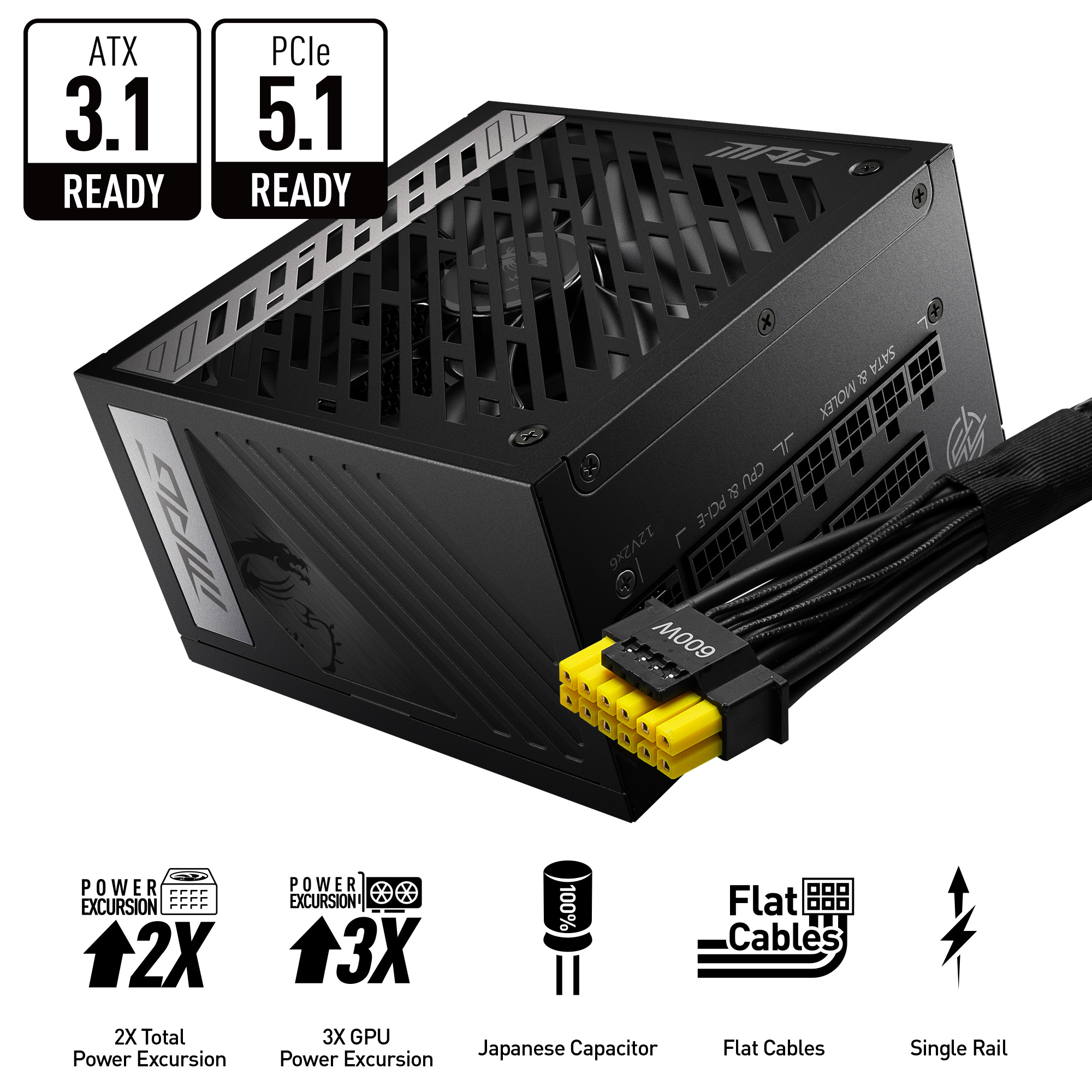 MSI MPG A850G PCIE5, bloc d'alimentation de jeu entièrement modulaire 80+ GOLD, câble 12 V-2x6, compatible ATX 3.1 et PCIE 5...