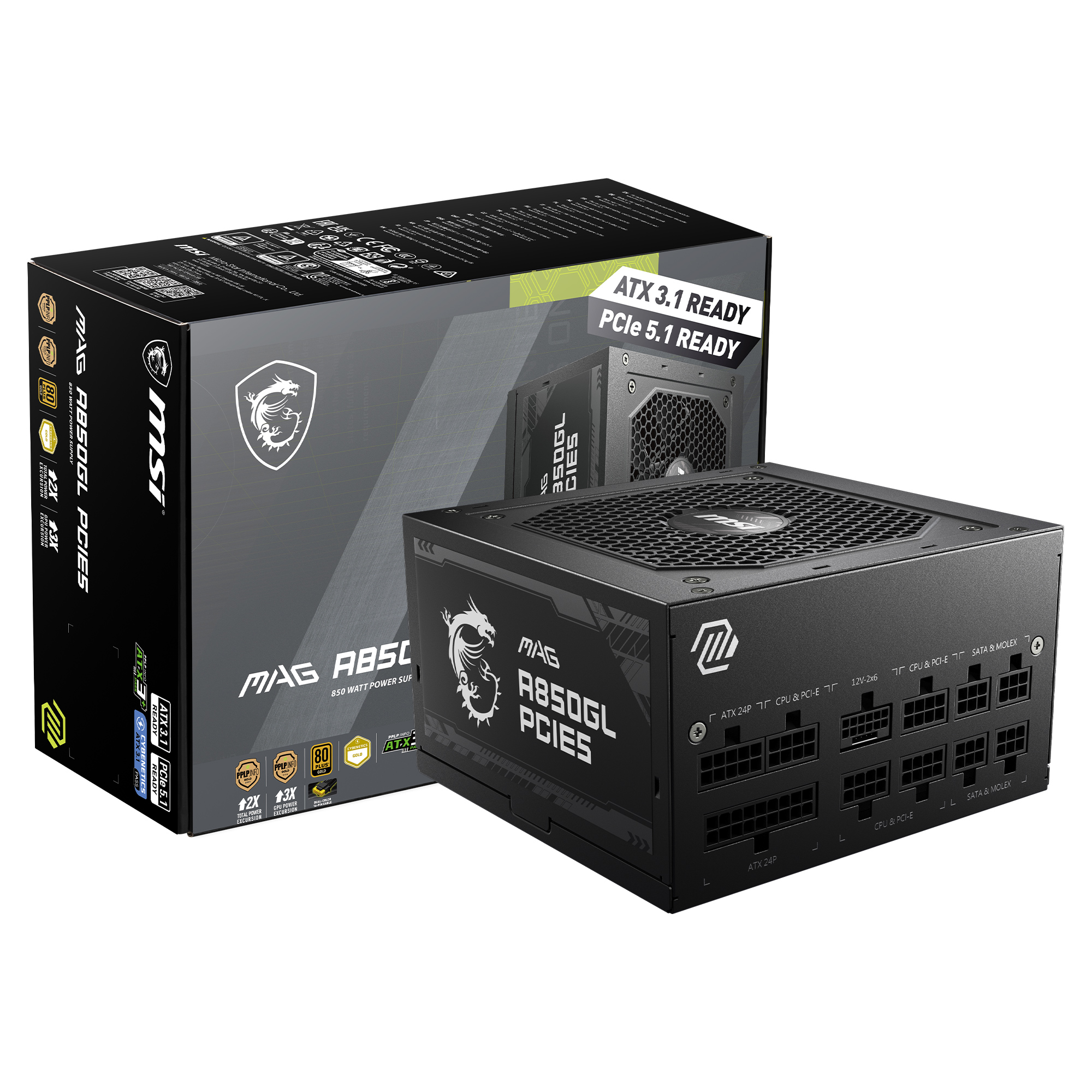 MSI MAG A850GL PCIE5, 80+ GOLD Fully Modular Gaming PSU, 12V-2x6 Cable,ATX 3.1 & PCIE 5.1 Ready, 850W Power Supply, 10 Year War
