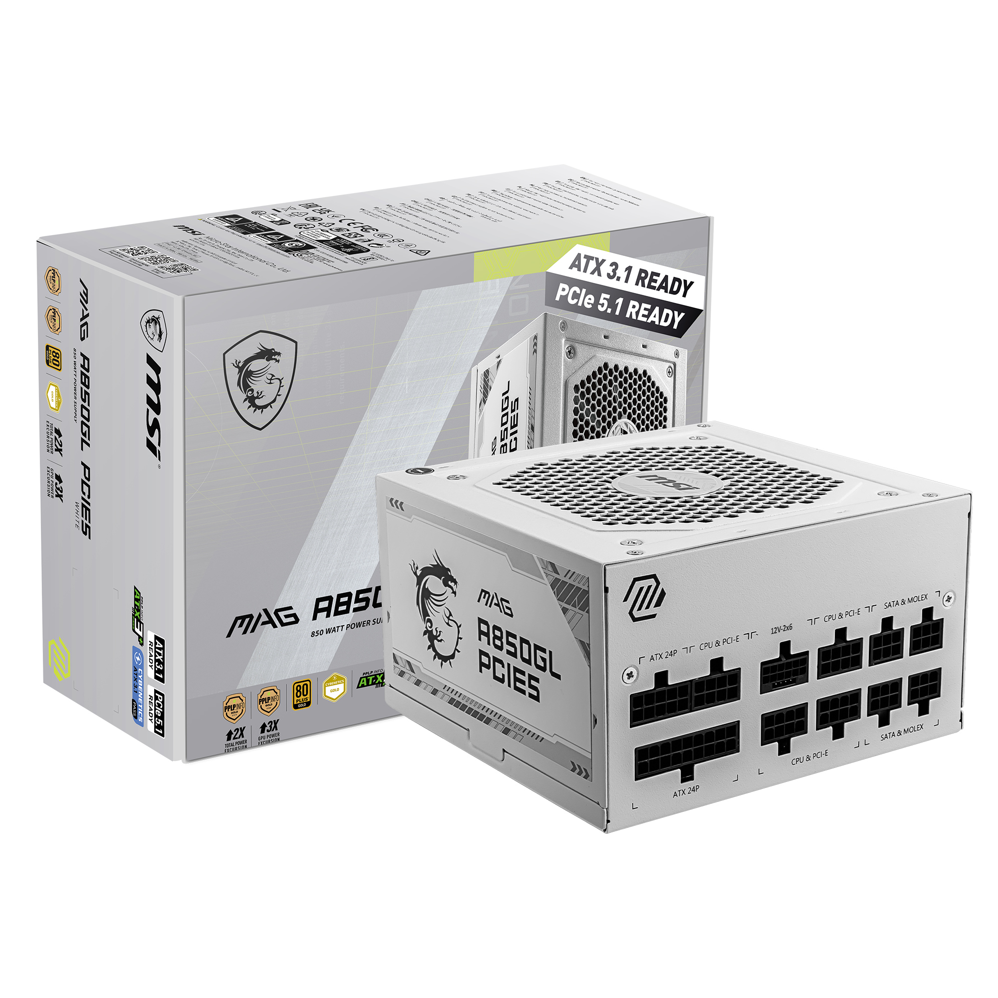 MSI MAG A850GL PCIE5 WHITE, 80+ GOLD Fully Modular Gaming PSU, 12V-2x6 Cable, ATX 3.1 & PCIE 5.1 Ready, 850W Power Supply, 10 Y