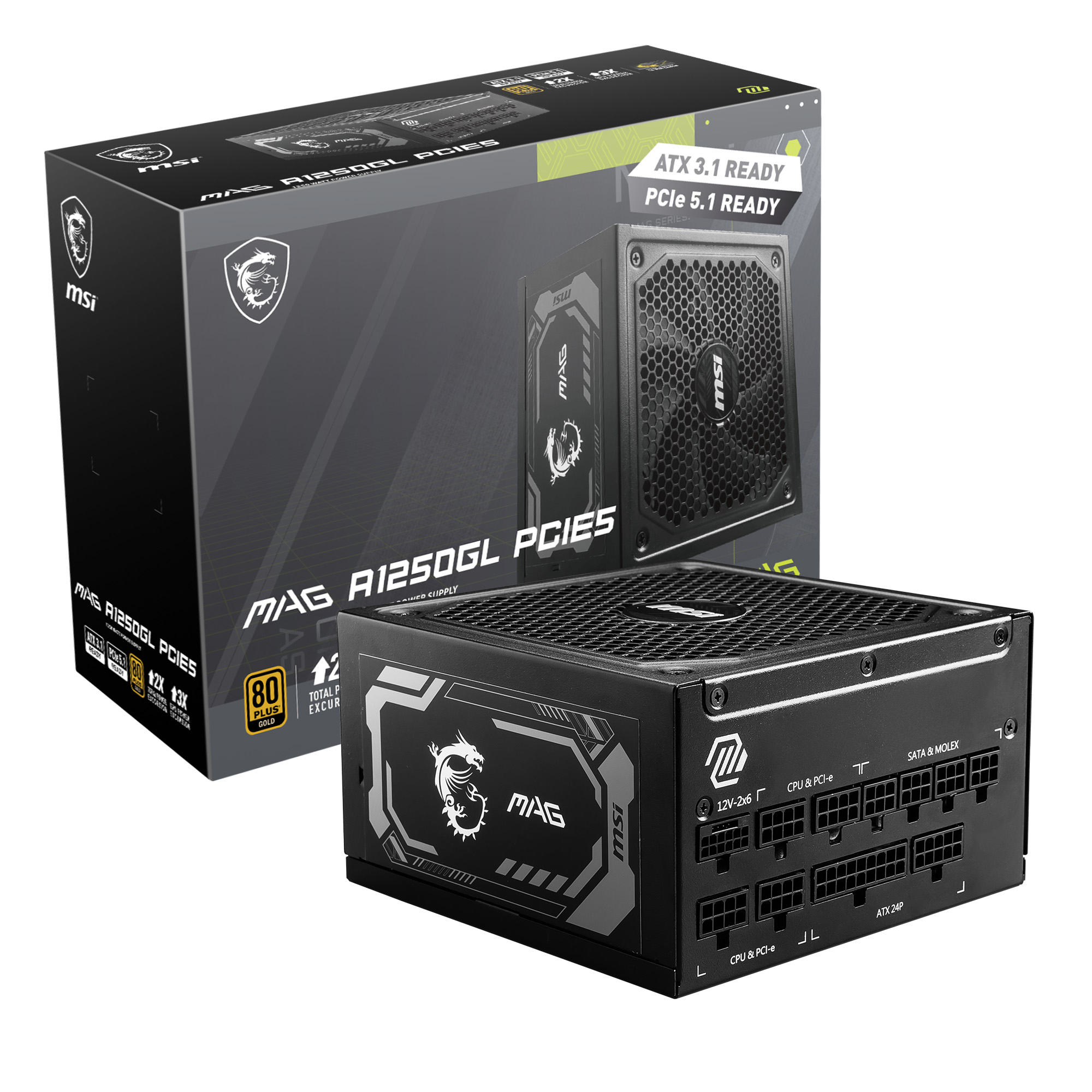 MSI MAG A1250GL PCIE5 Block d'alimentation ATX 1250W | Certifié 80+ Gold | Entièrement Modulaire | Câbles plats noirs | Gara...